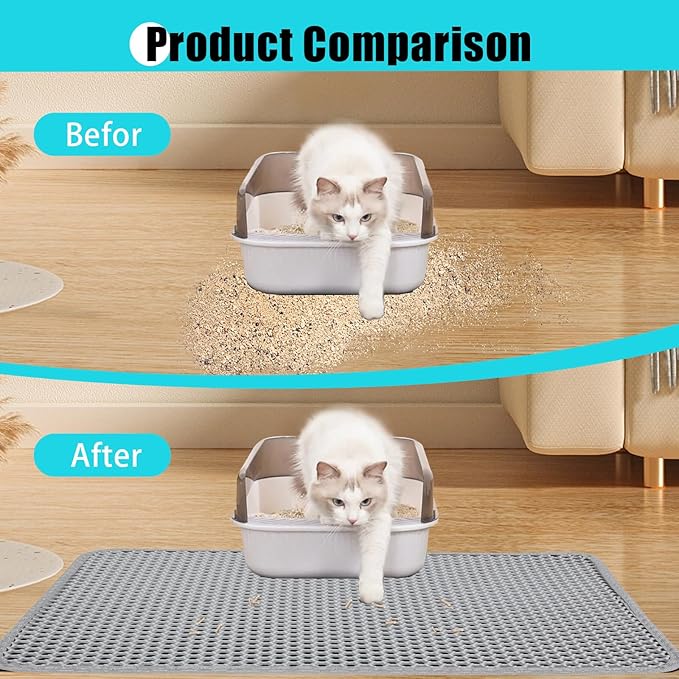 Cat Litter Mat, Kitty Litter Collector, Double Layered Honeycomb Design Waterproof, Anti Urine, Anti Slip, Easy to Clean, Limit Garbage (35"x24", Grey)