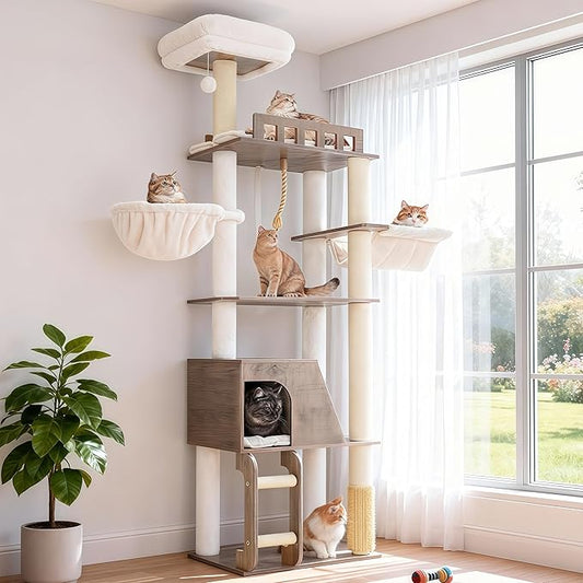Hey-brother Wooden Cat Tree, 69.7 inch Cats Furniture Tower with Large Platforms, Hammocks, Spacious Condo, Full Sisal Scratching Posts, Ladder, Brush, Water Proof Surface, Rustic Gray MPJ120SG