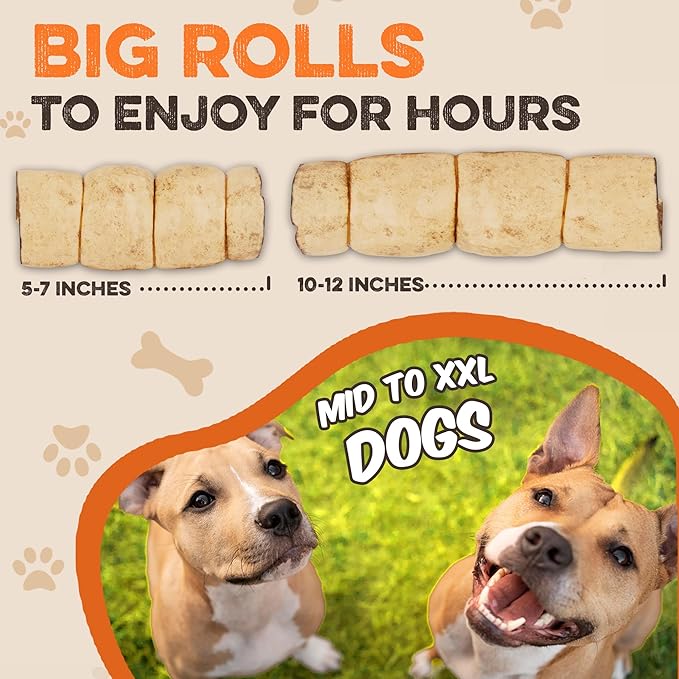 Premium Beef Cheek Rolls for Dogs 10-12" - (5-Pack), Peanut Butter Flavored Long Lasting, Safe & Natural Rawhide Alternative Chews, Ideal for Large Dogs & Aggressive Chewers, Supports Dental Health