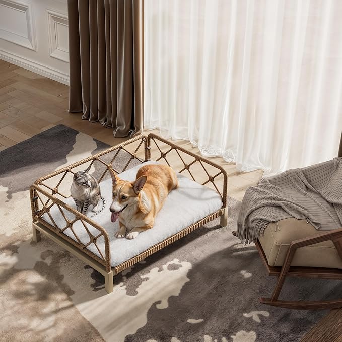 Dog Bed with Cushion, Cooling Elevated Raised Beds with Rattan Breathable Mesh and Universal Mat, Indoor & Outdoor Pet Cots for Small Dog, Sand
