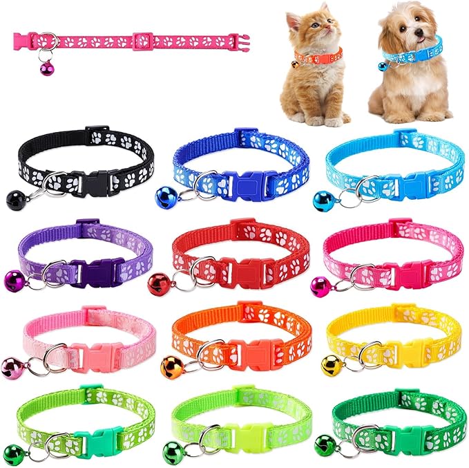 Paw Print Breakaway Cat Collars with Bells - 12 PCS Safety Adjustable Kitten Collars for Small Cats & Newborn Litter Pets, Super Soft Nylon Collar Set with Pendants & Safety Clasp (12 Colors)