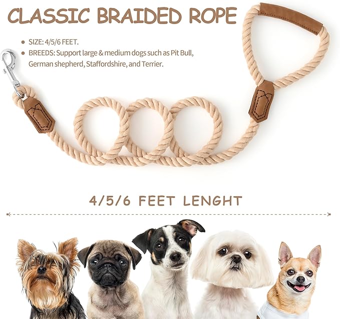 Mile High Life Dog Leash, Braided Cotton Rope Leashes with Leather Handle - Heavy Duty Metal Clasp, 5FT, 1/2" Thick - Wedding, Walking & Training Leash for Small Medium Large Dogs (Light Brown)
