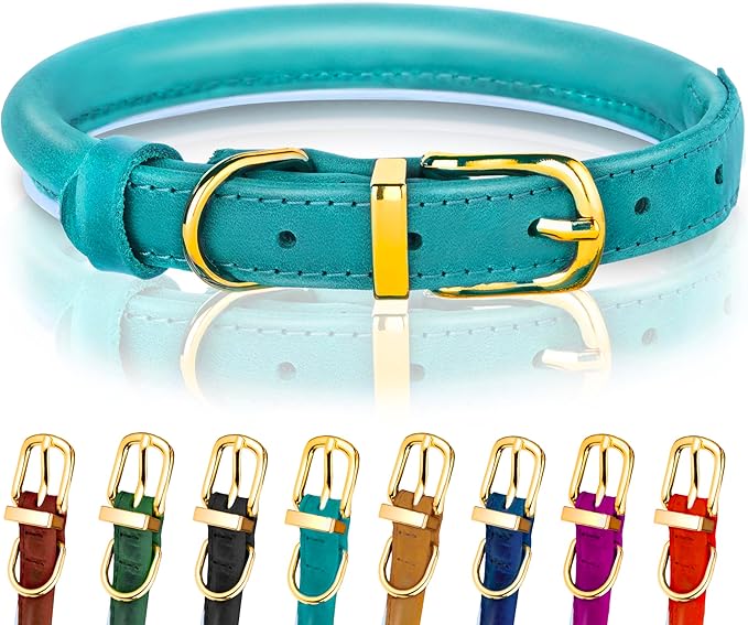 OOPSDOGGY Reflective Rolled Leather Dog Collar Adjustable Soft Padded Pet Collar for Small Medium Large Breed Dogs (Teal, M, 12"-15")