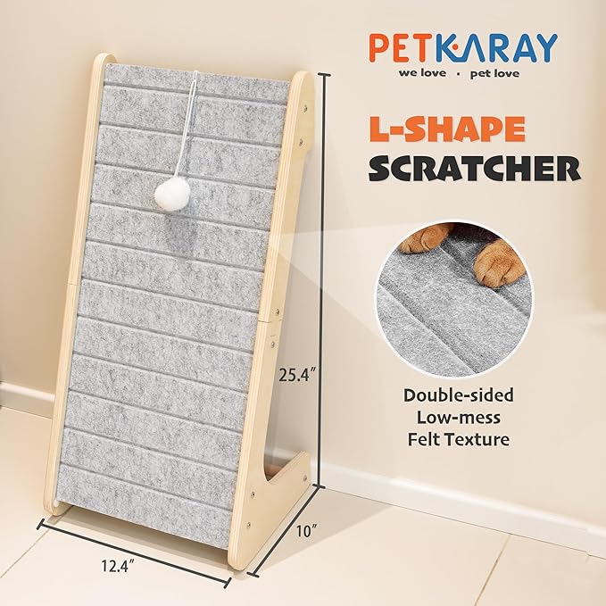 PETKARAY Felt Cat Scratcher, L Shaped Scratching Pad, Scratch Resistant Carpet Scratcher Ramp, Slot-Free Scratch Board with Toy Ball, Light Grey