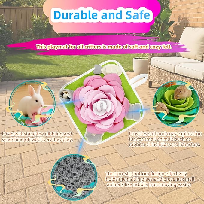 Rabbit Foraging Mat, Bunny Activity Toys Snuffle Mat for Small Animals Forage Mat for Rabbit Guinea Pig Hamster Chicken Hedgehog Chinchilla Puppies Cat Stress Relief Puzzle Interaction Toys (Pink)