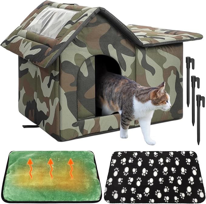 3 Pcs 21"x 18" Outdoor Waterproof Cat House with Curtained Door Self Warming Pad Blanket Large Feral Cat Shelter Winter Camo Collapsible Kitty Dog Bed Outside, 3 Tent Stakes, Easy Assemble