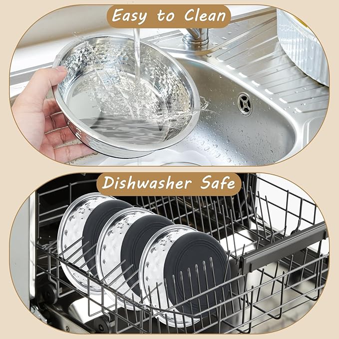 kathson Stainless Steel Cat Bowls 3 PCS Hammered Metal Dog Bowls with Rubber Non-Slip Base Pet Dishes for Water and Food Dishwasher Safe for Feeding Small to Medium Sized Pets(7.1in)