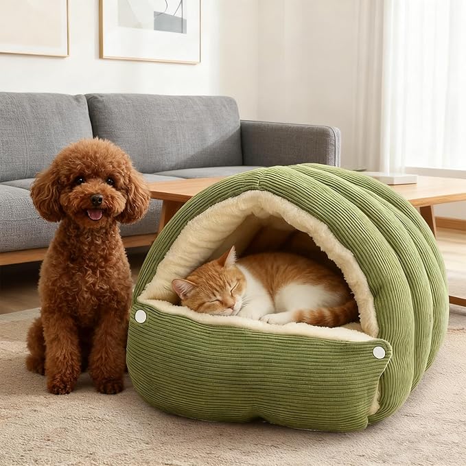 Cat Dog Cave Bed, 2026 New Winter Cave for Cat and Small Dog, Warm Plush Covered Cat House with Removable Cushion,Soft Calming Indoor Cat Bed (Green Plaid, M(14 * 12 * 8inch)