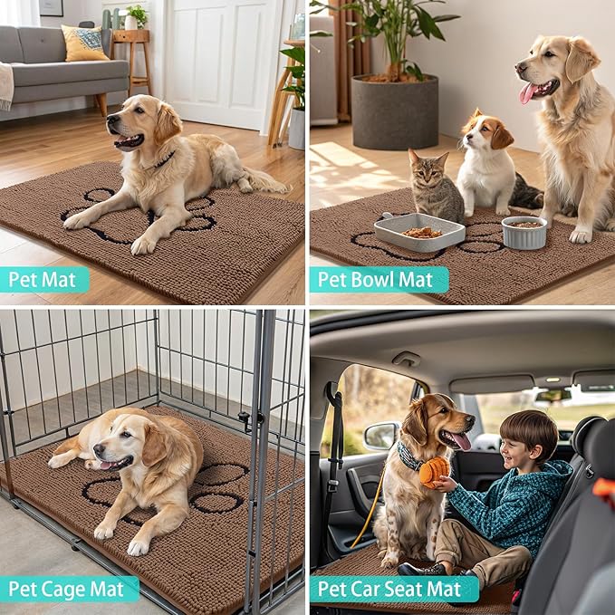 Smiry Dog Door Mat for Muddy Paws, Absorbent Dirt Trapper Non Slip Quick Dry Washable Chenille Mat for Mud Dogs, Entry Rug for Indoor and Outdoor (36x24 Inches, Coffee and Black)