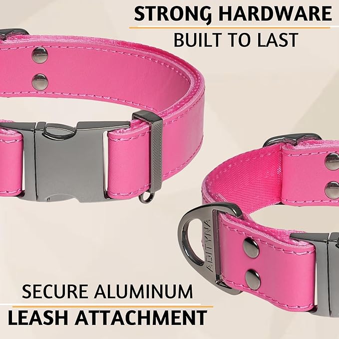 ADITYNA Pink Leather Dog Collar with Metal Buckle - Heavy-Duty, Adjustable for Large & Extra Large Girl Dogs - Walking & Training (Pink, Fits 19-30" Necks)