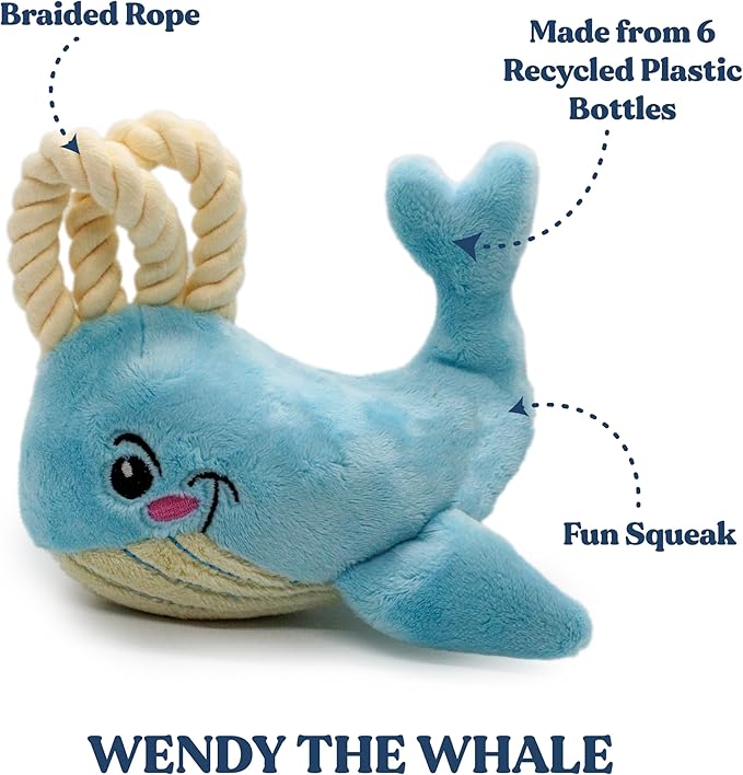 GRRREEN Dog Toys | Plush Whale Stuffed Animal with Rope for Dogs | Eco Friendly Toy - Easy to Clean and Made from Non Toxic Materials