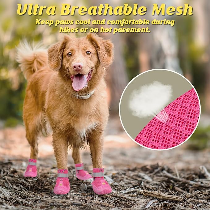 LUCKYPAW Dog Shoes for Large Medium Dogs, Breathable Dog Boots for Hot Pavement, Paw Protectors for Summer Walking Hiking Winter Snow Outdoor, No Slip Reflective Booties for Hardwood Floor-Hot Pink, 5