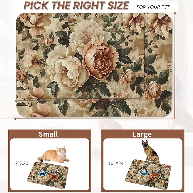 Roses Peonies Pet Feeding Mat,Vintage Luxury Shabby Chic Flower Absorbent Quick-Dry Cat Dog Food and Water Bowl Mats,Non-Slip Rubber Backing Mat,Cat Dog Accessories Supplies 16"x24"