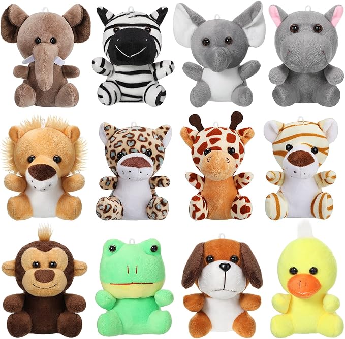 Skylety 12 Pcs Mini Safari Plush Animal Toys 3.9 Inch Cute Forest Animal Toy Deer Tiger Leopard Monkey Elephant Lion Zebra Frog Duck Puppy for Teacher Student Party Classroom Award Prizes
