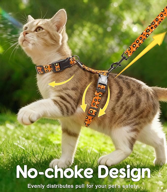 Halypet Cat Harness and Leash Set, Escape Proof 3-in-1 Adjustable Harness for Cats & Kitten, Soft Lightweight, Easy On & Control for Walking, Travel & Outdoor Use, Vibrant Leopard Orange, Small