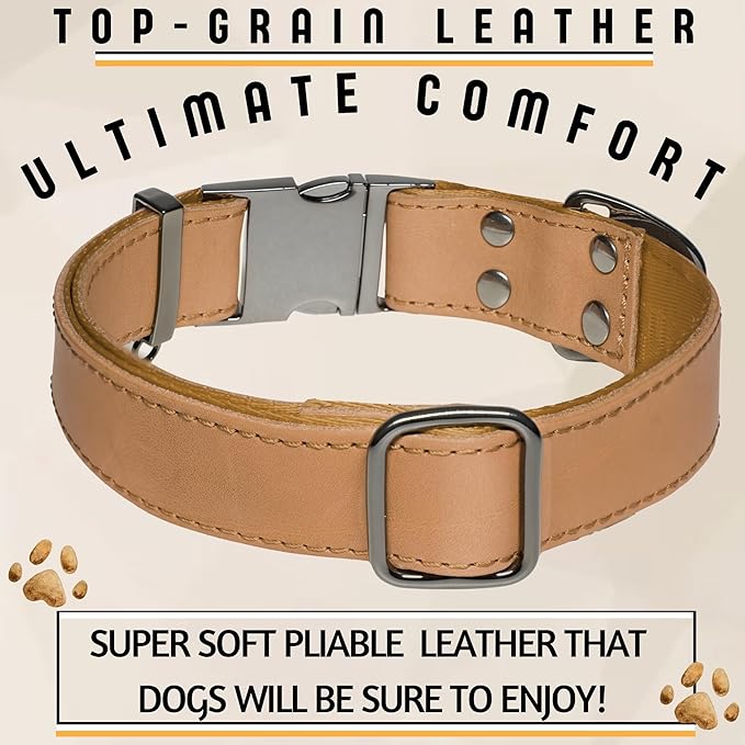 ADITYNA Leather Dog Collar with Metal Buckle - Heavy-Duty, Adjustable for Medium & Large Dogs - Walking, Training, Hiking (CamelBrown, Fits 15-21" Necks)