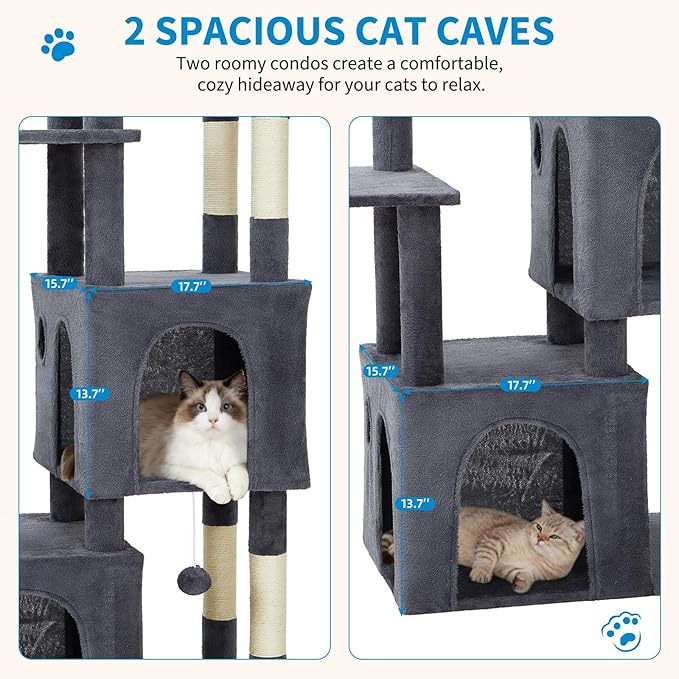 Cat Tree - 157cm Tall, Sisal Wrapped Scratching Post, Cat Nest, Hanging Ball, Extended Platform