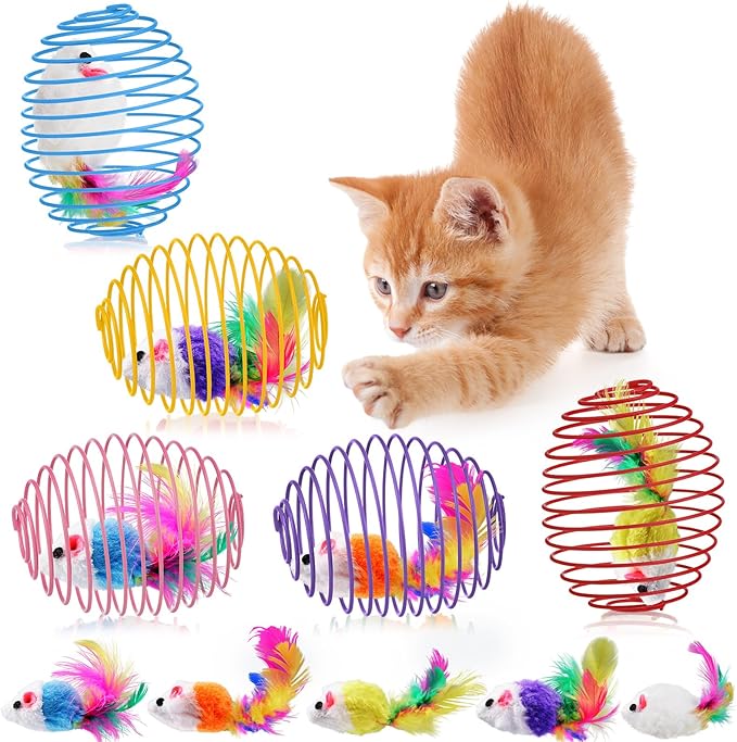 Jecery 5 Pcs Cat Spring Balls Toys Stretchable Rolling Balls Colorful Playful Coils Interactive Action Toy Caged Rats for Kitten Pet Supplies (Cute Mouse,Bright Color)