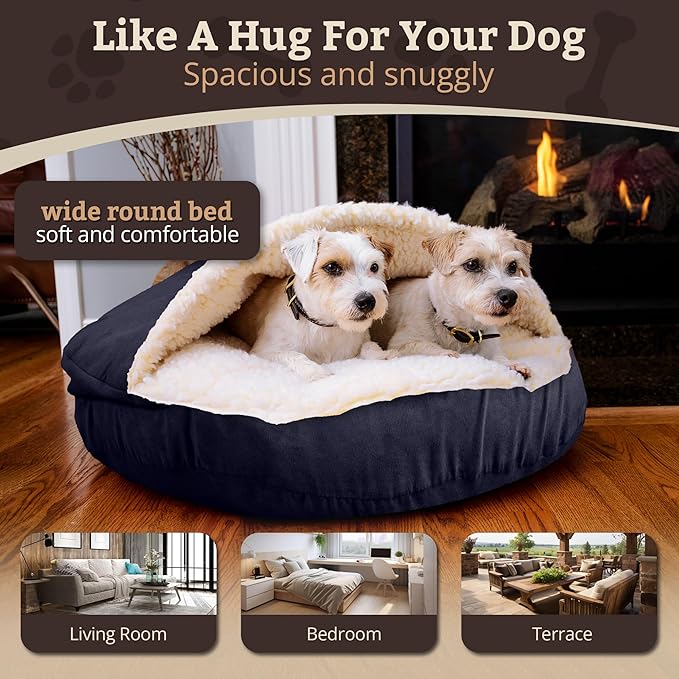 Snoozer Cozy Cave Dog Bed - Indoor Dog Bed with Cover Cave, Covered Calming Burrow for Small & Medium Sized Pets with Blanket Attached, Enclosed, Removable Washable Cover - Large, Navy