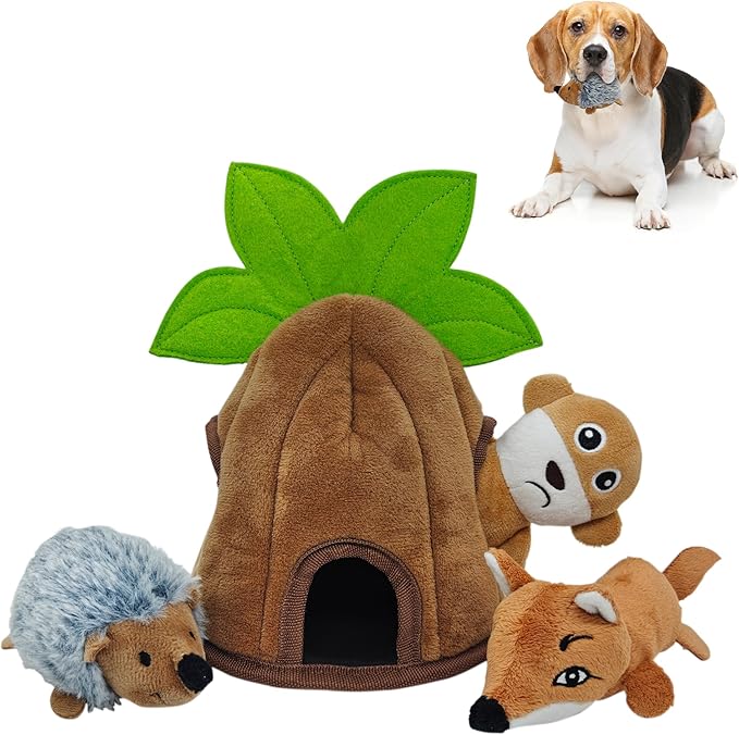Qiiiiian 4 Packs Crinkle Squeaky Hide and Seek Puppy Toys to Keep Them Busy, Durable Cute Pet Toys for Small Medium Dogs, Interactive Plush Stuffed Chew Toy, Not for Aggressive Chewers - Coconut Tree