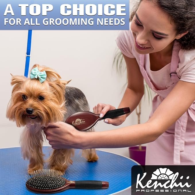 Kenchii Pet Grooming Metal Pin Brush for Dogs and Cats, Solid Wood Handle, Non Slip Grip, Detangling and Shedding Brush for Long or Short Haired Pets, Size Small