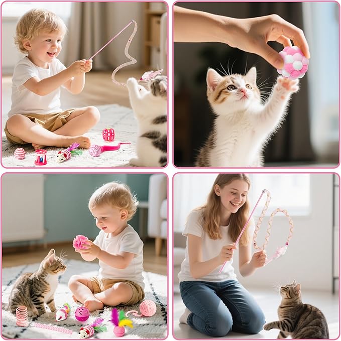 MALLMALL6 Cat Interactive Toys Set - 27Pcs Kitten Toys Stuff Pink Feather Teaser Wand Springs Mice Sisal Fish Crinkle Balls Bell Balls, Puzzle Pack for Indoor Kitty Play Exercise