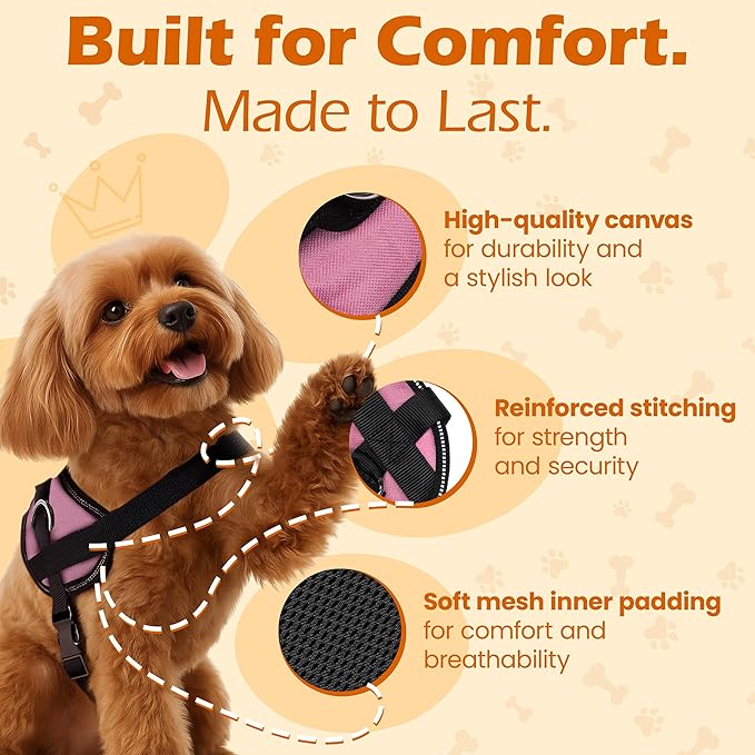 Bark Appeal Light Pink No-Pull Dog Harness for Medium to Large Sized Pets – Adjustable, Reflective Vest with 3 Leash Clips for Added Control, Easy Walks & Training – Large