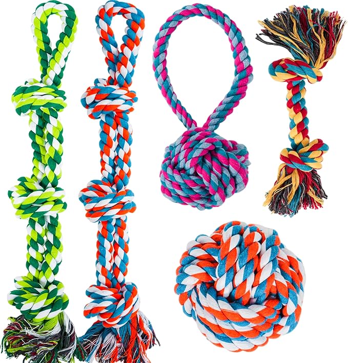 GASAPET Dog Rope Toys for Aggressive Chewers, Nearly Indestructible Dog Toys Set for Large/Medium Dogs, Heavy Duty Natural Cotton Rope Chew Toy for Teething, Tug Toy 5 Pack