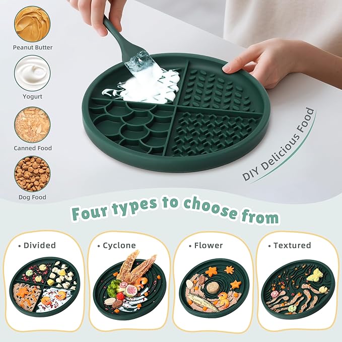 2 in 1 Slow Feeder Dog Bowls Small Breed, Silicone Lick Mat for Dogs, Dog Puzzle Bowl with Suction Cups for Anxiety Relief, Dishwasher Safe,Green,UU Bowl,Textured Lick Pad