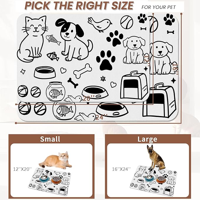 Cute Cat Bird Paw Print Dog Cat Food Mat,Absorbent Pet Feeding Mat with Rubber Backing,Non-Slip Water Bowl Placemat,Indoor Pet Accessories Supplies 16"x24"