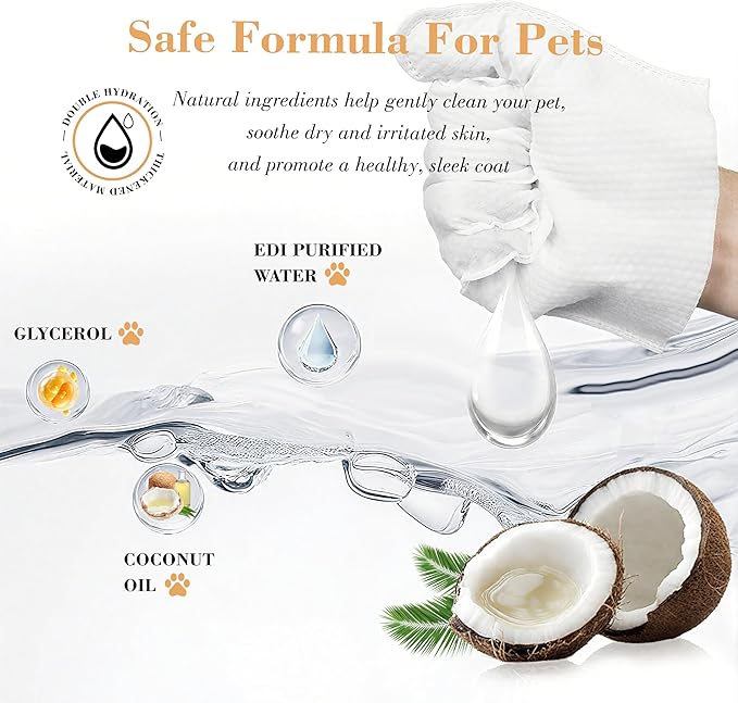 Pet Glove Wipes for Dogs & Cats, Infused with Coconut Oil & Plant Extracts, Deodorizing Bathing Grooming Glove Wipes, Daily & Outdoor Grooming Care, (8 Pcs)
