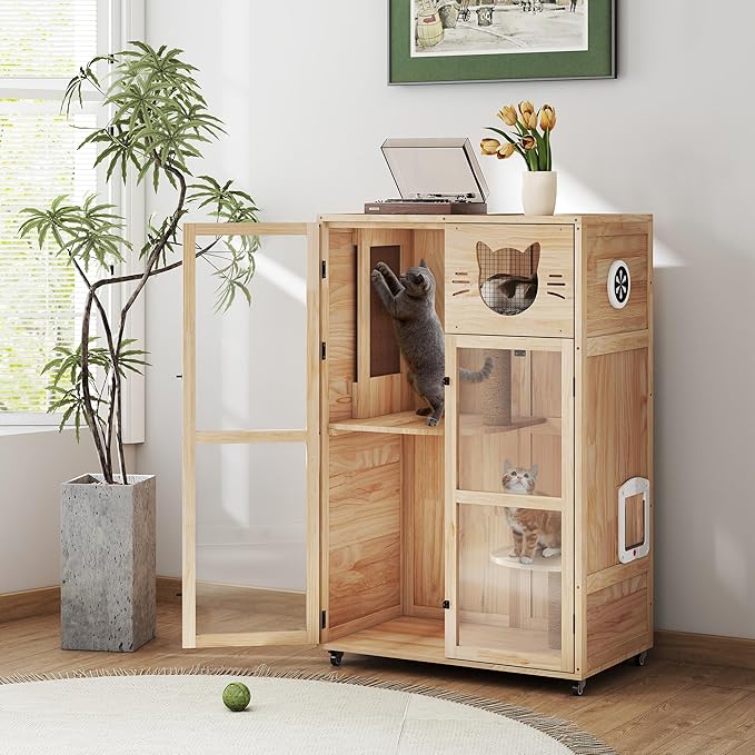 Large Wooden Cat House on Wheels, Indoor Cat Villa with Condo, Multi Platforms, Scratchers, Vent, Litter Box Area, Clear Doors, Cat Cage Enclosure for Kittens & Adult Cats (Natural Wood)