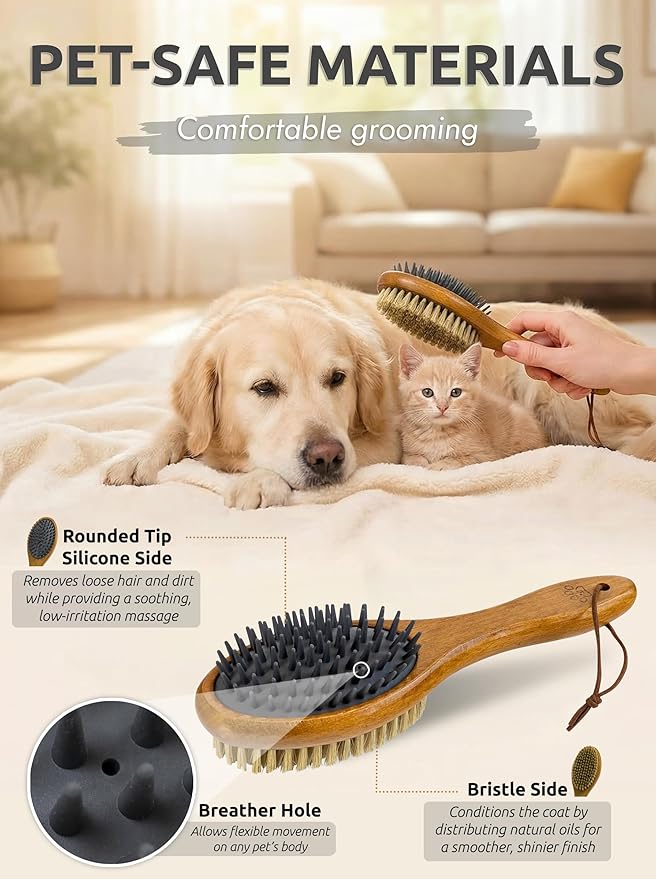 TAKAVU Short Hair Dog & Cat Deshedding Brush - Double Sided Grooming Tool with Silicone Massage & Bristle Sides - Removes Loose Fur & Dirt - Wood Handle