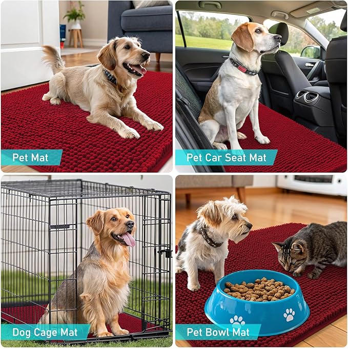 OLANLY Dog Door Mat for Muddy Paws 70x35, Absorbs Moisture and Dirt, Absorbent Non-Slip Washable Doormat, Quick Dry Chenille Mud Mat for Dogs, Entry Indoor Entryway Carpet for Inside Floor, Red