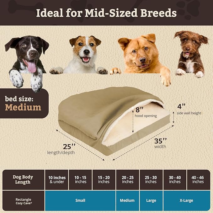 Snoozer Rectangle Cozy Cave Dog Bed - Indoor Dog Bed with Cover Cave, Covered Calming Burrow for Small & Medium Sized Pets with Blanket Attached, Enclosed, Washable Cover - Medium, Khaki