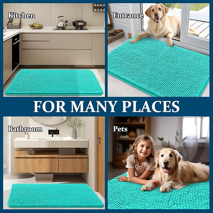 OLANLY Dog Door Mat for Muddy Paws 30x20, Absorbs Moisture and Dirt, Absorbent Non-Slip Washable Doormat, Quick Dry Chenille Mud Mat for Dogs, Entry Indoor Entryway Carpet for Inside Floor, Teal