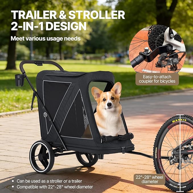 Beberoad Dog Stroller for Large Dogs, 2-in-1 Pet Stroller Dog Bicycle Trailer, R7 All-Terrain ER Tires with Shock Absorption, One-Second Fold, Mesh Windows, Detachable & Washable Waterproof Fiber