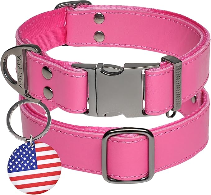 ADITYNA Pink Leather Dog Collar with Metal Buckle - Heavy-Duty, Adjustable for Large & Extra Large Girl Dogs - Walking & Training (Pink, Fits 19-30" Necks)