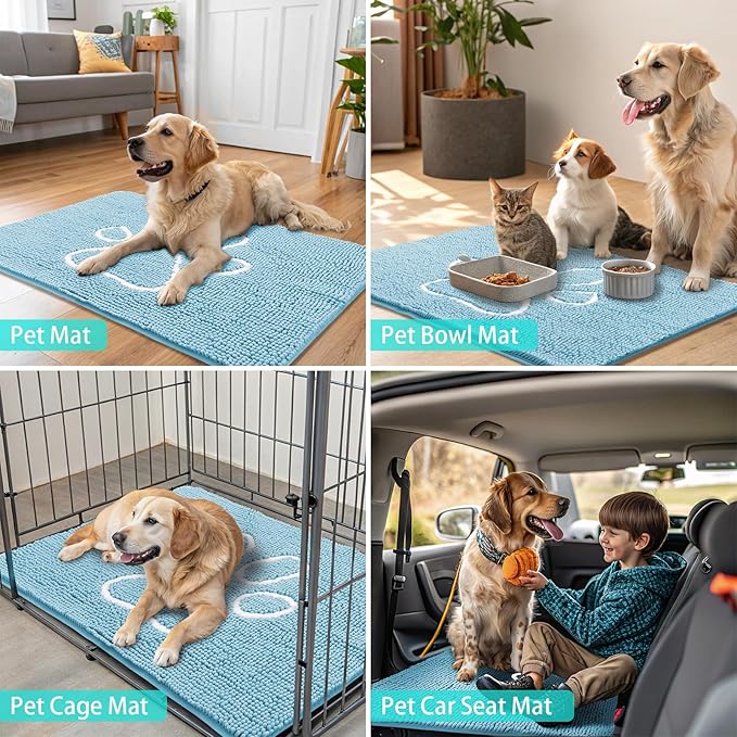 Smiry Dog Door Mat for Muddy Paws, Absorbent Dirt Trapper Non Slip Quick Dry Washable Chenille Mat for Mud Dogs, Entry Rug for Indoor and Outdoor (30x20 Inches, Sky Blue and White)