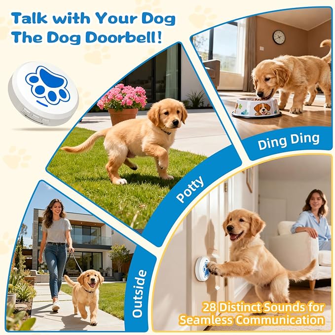 ChunHee Dog Door Bell - Bell for Dogs to Ring to Go Potty with 28 Ringtones & Adjustable Volume | Chew-Proof & 30-Second Setup Dog Door Bells for Potty Training| Teach Puppies to Signal Go Outside