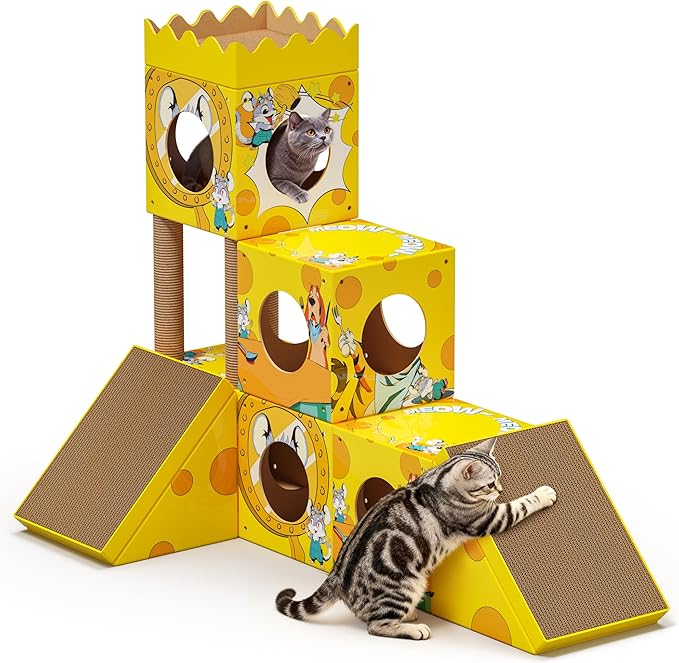 DIY Cat Tree, Multi-Level Cat Tower with Scratching Posts, Scratching Board, Tunnel & Playhouse for Kittens & Multiple Cats, Recyclable Cardboard, 48.8"×25"×40.2", Yellow Mouse