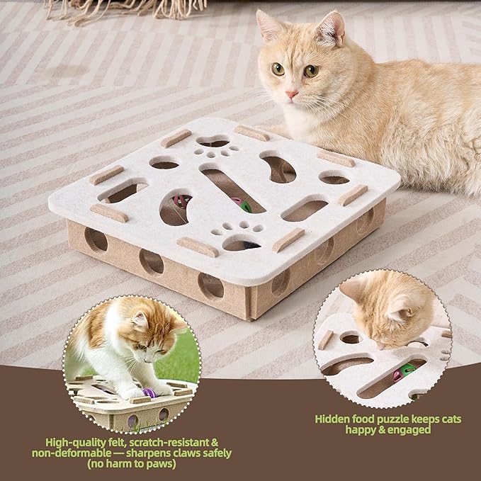 Interactive Cat Puzzle Feeder Toy - Felt Maze Box with 3 Jingle Balls for Indoor Cats, Kittens to Adults - Mental Stimulation, Slow Feeding & Fun Exercise Encourages Natural Hunting Instincts