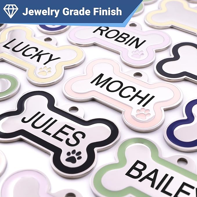 GoTags Stainless Steel Pet ID Bone Round and Heart Shaped Tags with Enamel Paw Design, Personalized Dog and Cat Tags, up to 5 Lines of Custom Text, Engraved on Both Sides (Rose, Regular Bone)