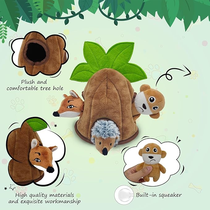 Qiiiiian 4 Packs Crinkle Squeaky Hide and Seek Puppy Toys to Keep Them Busy, Durable Cute Pet Toys for Small Medium Dogs, Interactive Plush Stuffed Chew Toy, Not for Aggressive Chewers - Coconut Tree