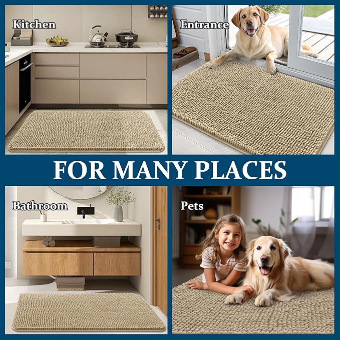OLANLY Dog Door Mat for Muddy Paws 47x24, Absorbs Moisture and Dirt, Absorbent Non-Slip Washable Doormat, Quick Dry Chenille Mud Mat for Dogs, Entry Indoor Entryway Carpet for Inside Floor, Beige