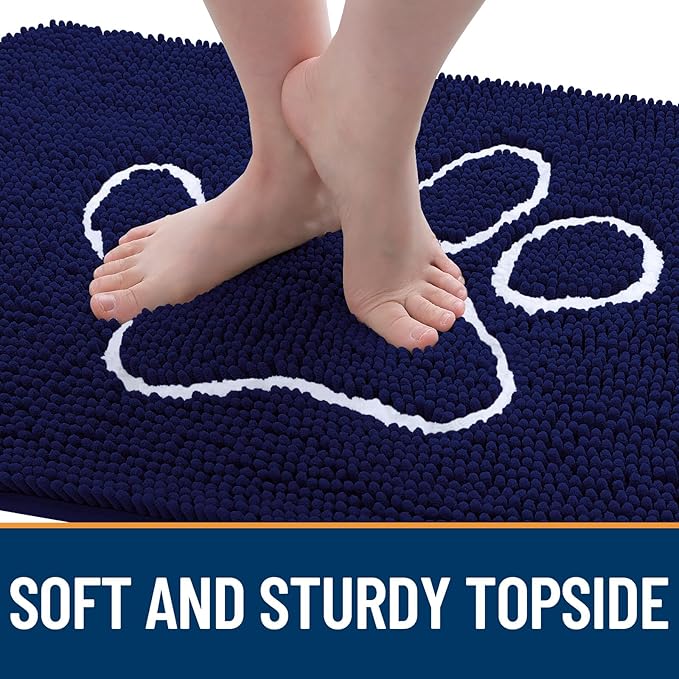 OLANLY Dog Door Mat for Muddy Paws 36x24, Paw Print Design, Absorbs Moisture and Dirt, Absorbent Non-Slip Washable Doormat, Quick Dry Chenille Mud Mat for Dogs, Entry Indoor Entryway Carpet, Navy Blue