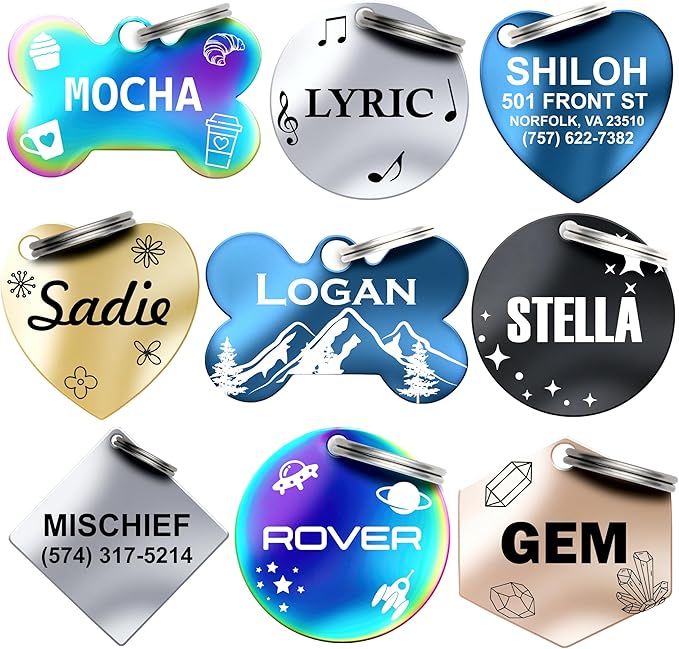 Dr. Fremont's Stainless Steel Custom Pet ID Personalized Engraved Identification Cat and Dog Tags with Custom Text, Many Shapes Including Bone, Heart, Circle (Rainbow Stainless Steel, Large Bone)