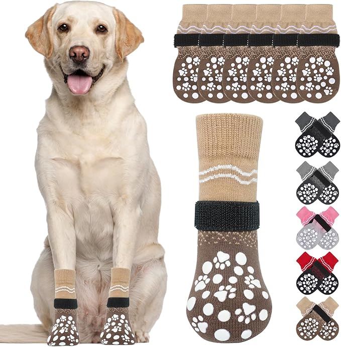 BINGPET 6PCS Dog Socks to Prevent Licking Paws with Grippers for Hardwood Floors Anti Slip, Winter Pet Shoes Booties, Extra-Thick Grip Dog Boots & Paw Protectors for Small Medium Large Senior Dogs, L