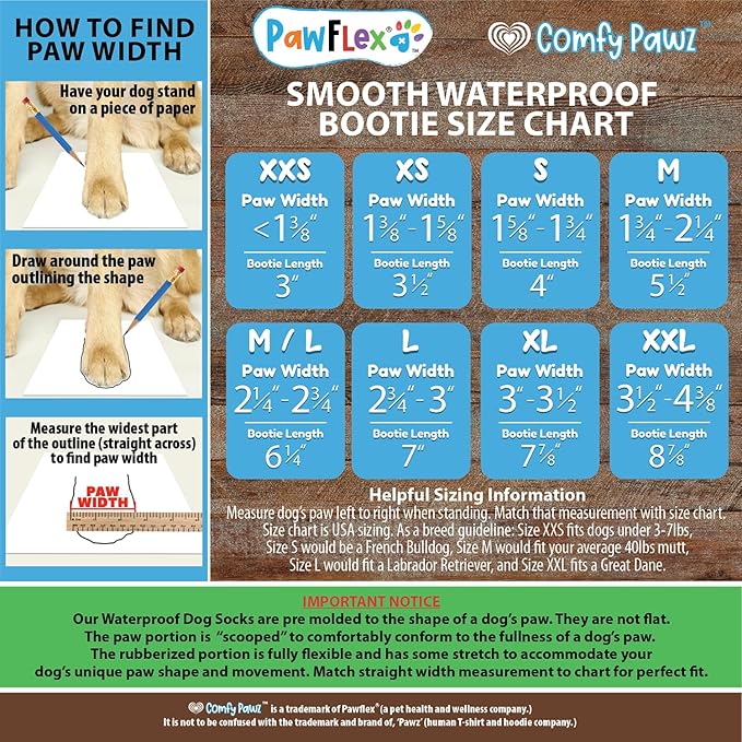PawFlex Double Dipped Waterproof Dog Socks Comfy Pawz Soft Indoor/Outdoor Dog Booties with Rubberized Bottom| Non-Slip Silicone Grip at Inner Cuff for No Twisting or Sliding Off| Adjustable Strap