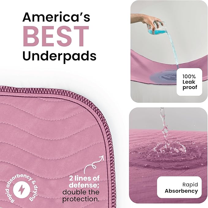 IMPROVIA® Washable Underpads, Heavy Absorbency Reusable Incontinence Pads for Kids, Adults, Elderly, and Pets, Waterproof Protection Floor (Pink and White, 18" x 24" - Pack of 4)